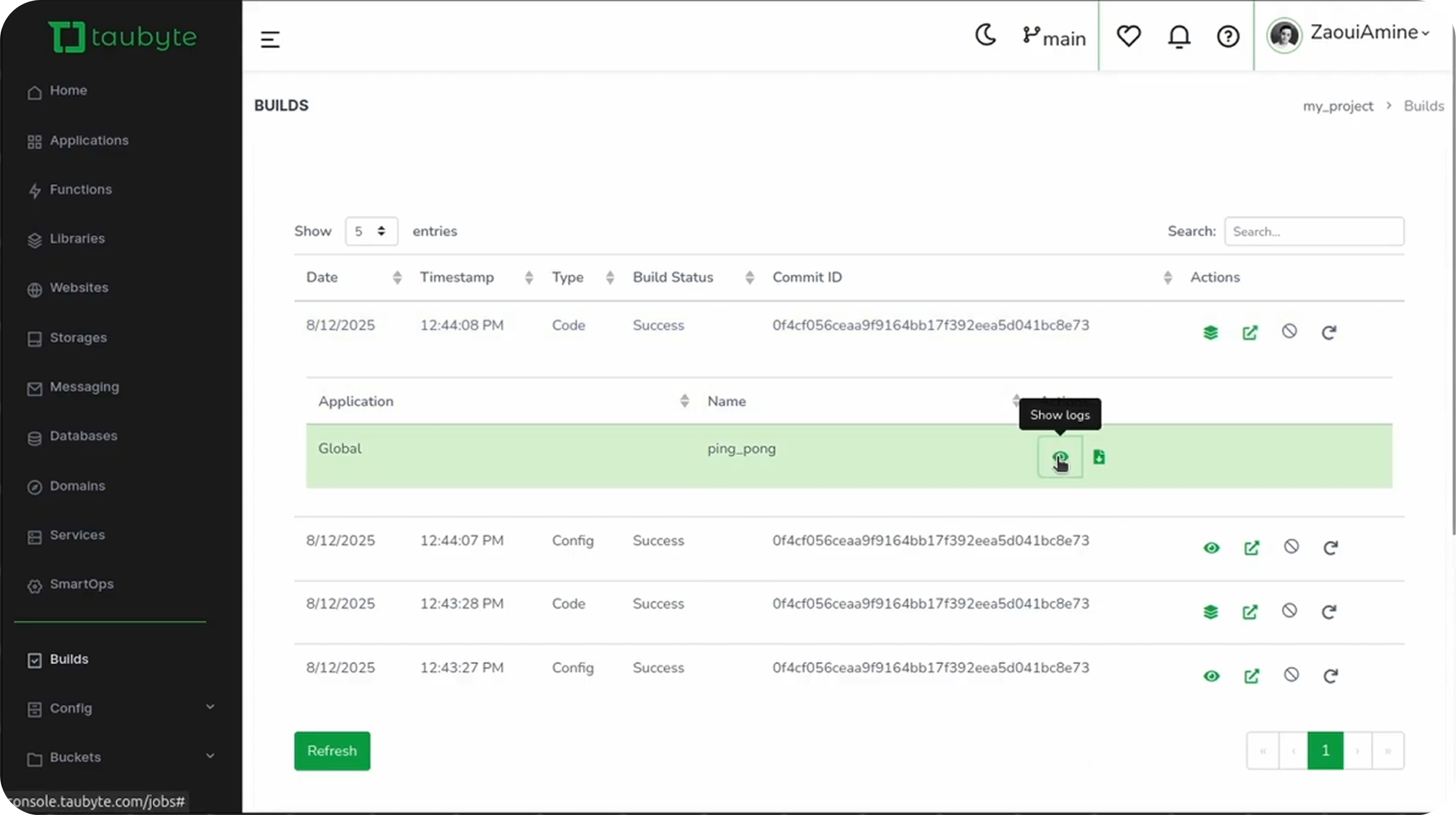 Builds page with eye and stack icons
